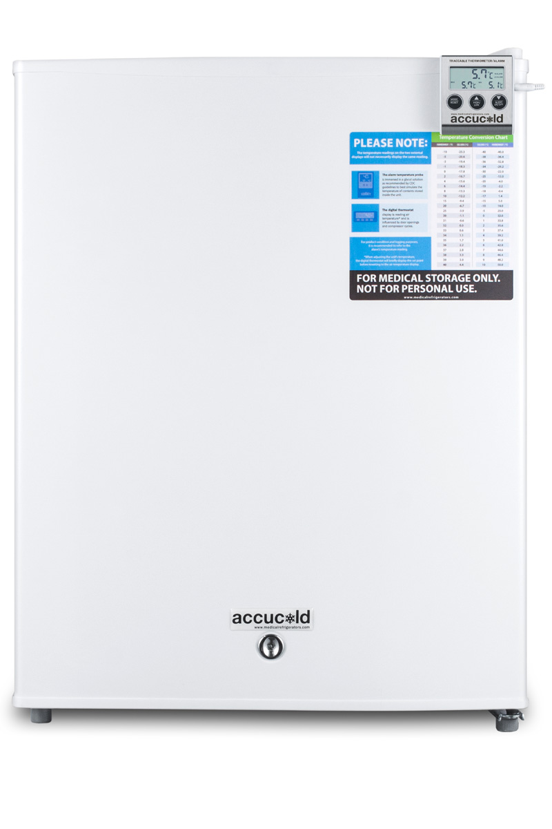 Compact medical all-refrigerator for temperature stable medical storage, with digital thermostat, lock, self-closing door, temperature alarm, and internal fan